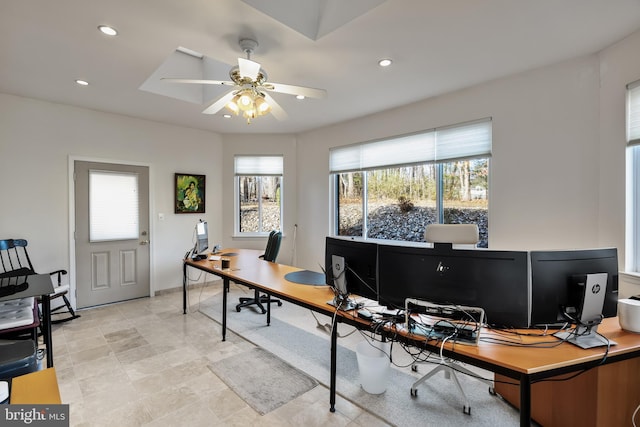 office space with ceiling fan