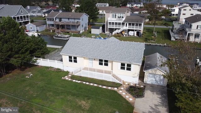 bird's eye view with a water view