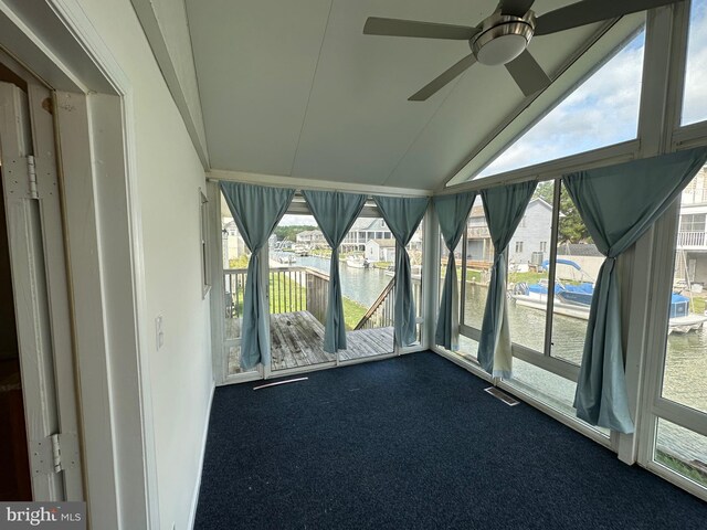 34813 Bookhammer Landing Rd, Lewes, DE 19958 - unfurnished sunroom with a ceiling fan, lofted ceiling, healthy amount of natural light, and a water view