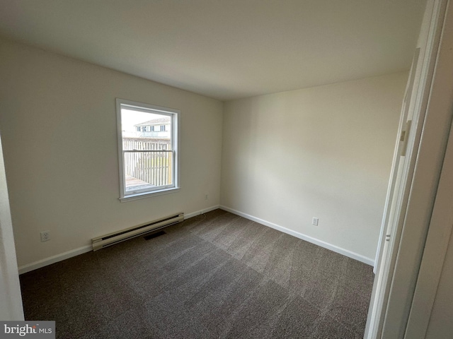 carpeted spare room with a baseboard radiator