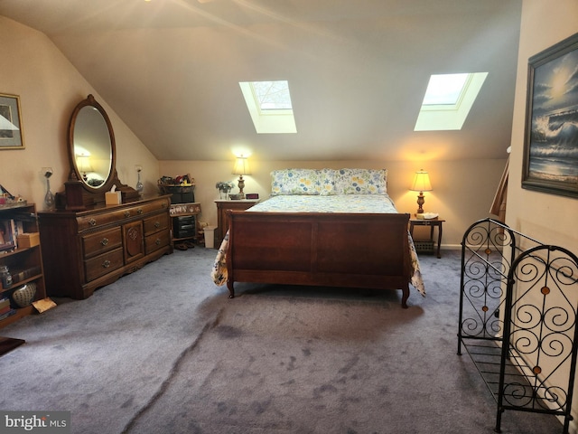 carpeted bedroom featuring vaulted ceiling with skylight