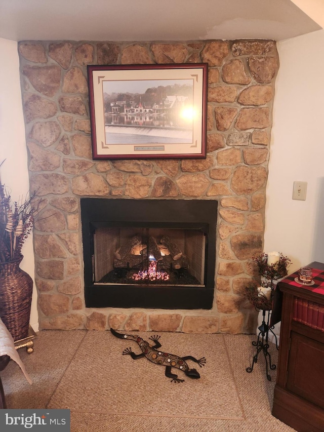 room details featuring a stone fireplace and carpet floors