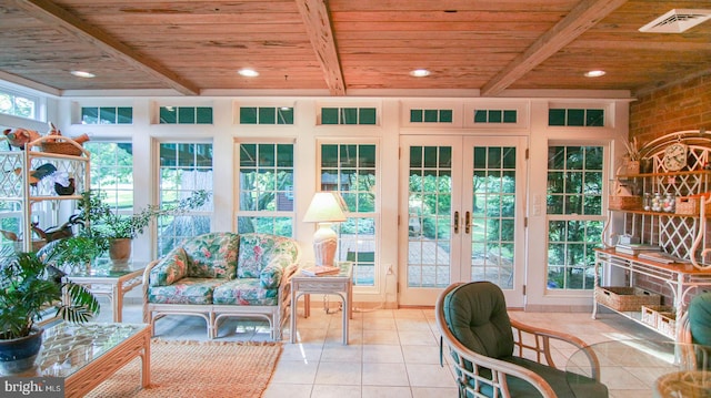 sunroom / solarium featuring french doors, wooden ceiling, and beam ceiling