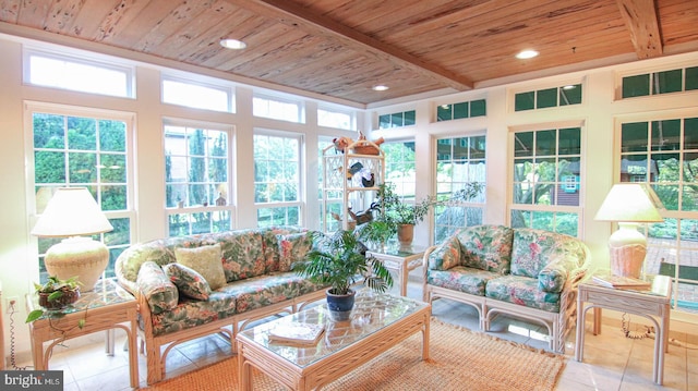 sunroom with beam ceiling and wood ceiling