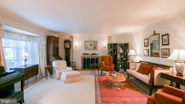 carpeted living room with ornamental molding