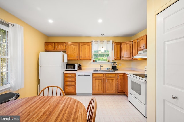 kitchen featuring under cabinet range hood, light countertops, brown cabinetry, white appliances, and a sink