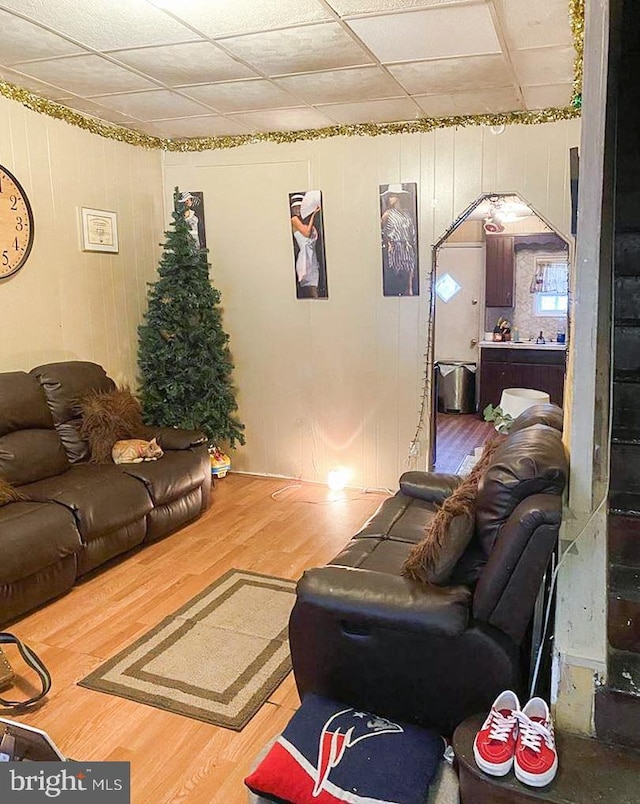 living room featuring a paneled ceiling, wooden walls, and wood-type flooring