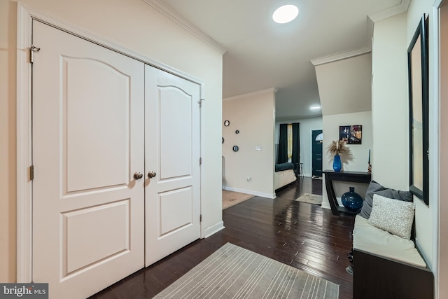 hallway with dark hardwood / wood-style flooring and ornamental molding