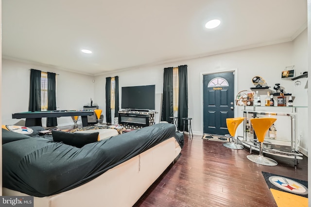 living room with wood-type flooring and ornamental molding