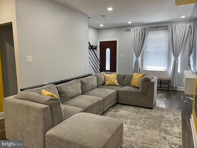 living room with dark wood-type flooring