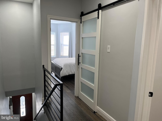 hall featuring a barn door and dark hardwood / wood-style flooring