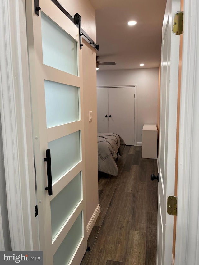 hallway featuring a barn door and dark hardwood / wood-style floors