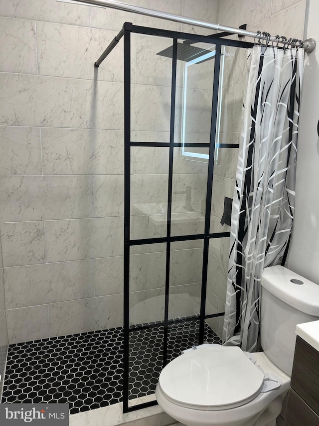 bathroom featuring toilet, vanity, and a shower with shower curtain