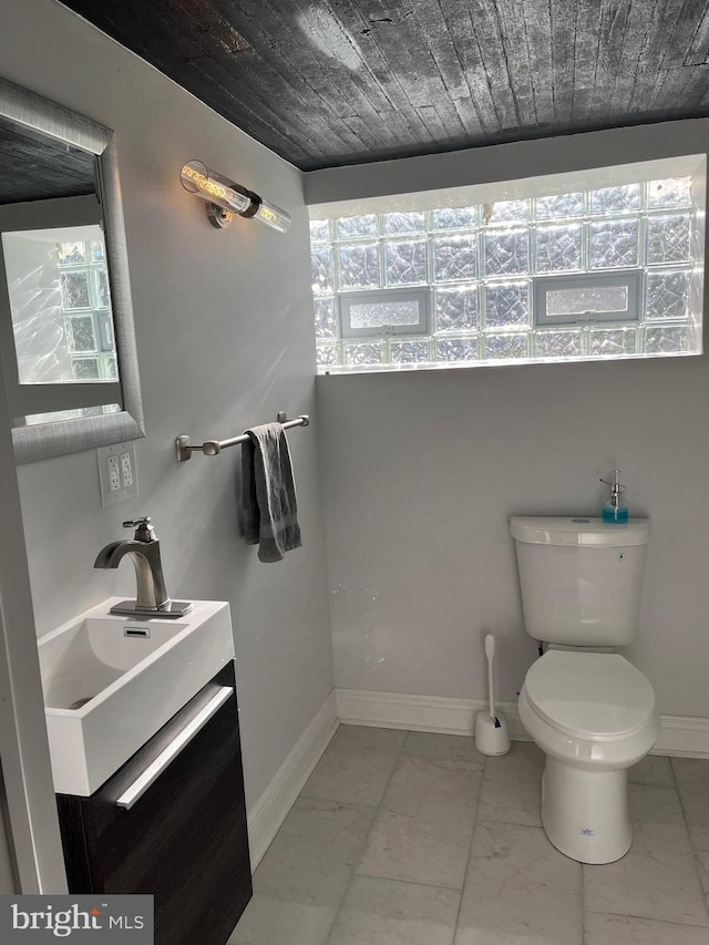 bathroom with vanity, wooden ceiling, and toilet