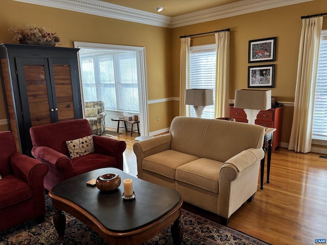 living room with crown molding and hardwood / wood-style flooring