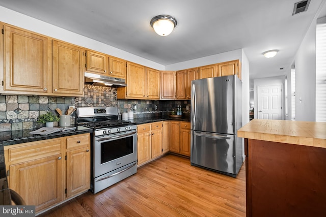 kitchen featuring backsplash, light hardwood / wood-style floors, and appliances with stainless steel finishes