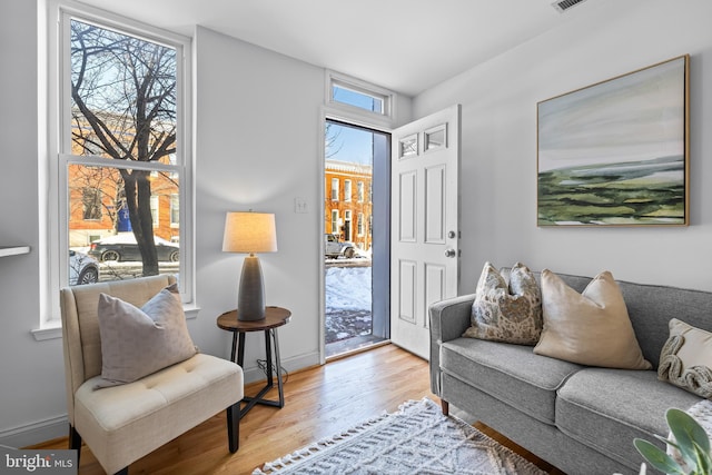 sitting room featuring light hardwood / wood-style floors and a healthy amount of sunlight