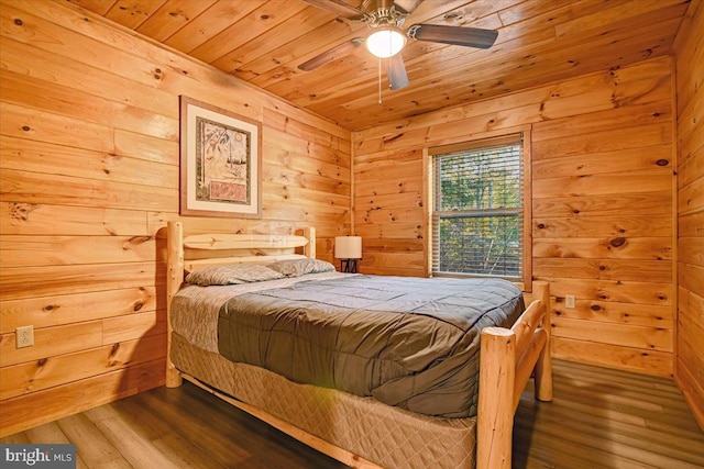 bedroom featuring wood ceiling, wood walls, ceiling fan, and wood-type flooring