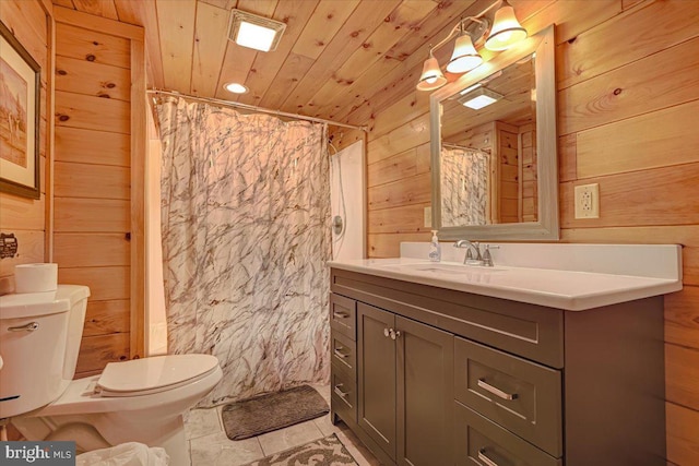 bathroom featuring wood ceiling, vanity, wooden walls, toilet, and curtained shower