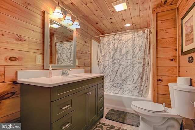 full bathroom with vanity, wooden walls, toilet, and wooden ceiling