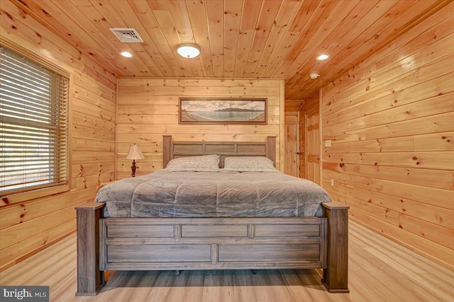 bedroom featuring wooden ceiling, hardwood / wood-style flooring, and wooden walls