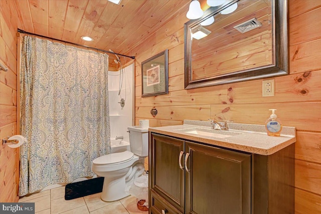 full bathroom featuring tile patterned floors, wood ceiling, shower / bath combo with shower curtain, and wood walls