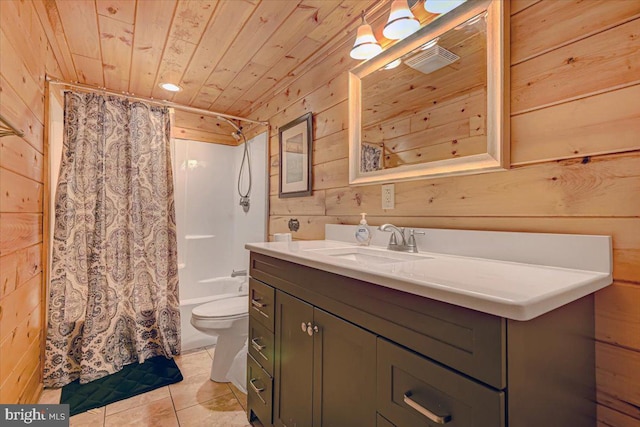 full bathroom featuring shower / bath combo, wood walls, tile patterned flooring, toilet, and wood ceiling