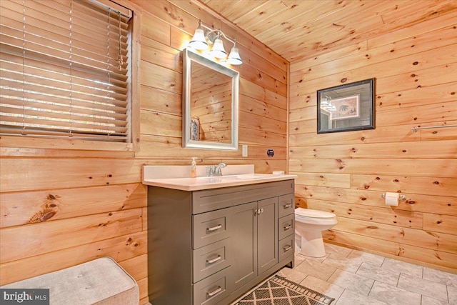 bathroom with wood walls, vanity, wood ceiling, and toilet