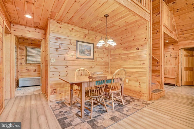 dining area with wooden ceiling, wood-type flooring, wood walls, and an inviting chandelier