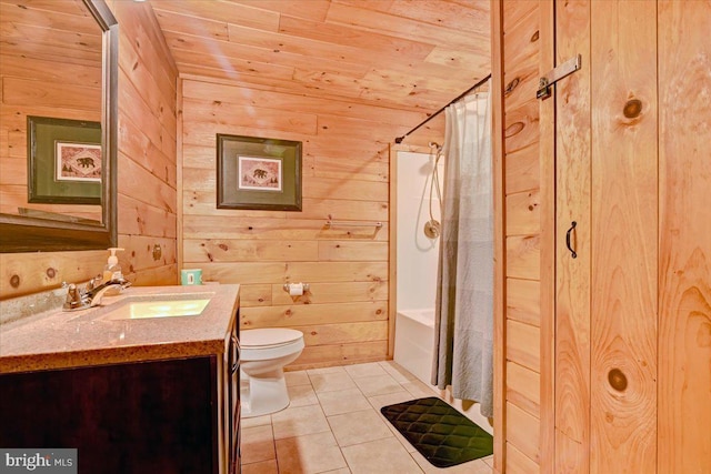 full bathroom featuring wooden walls, tile patterned flooring, wood ceiling, and toilet