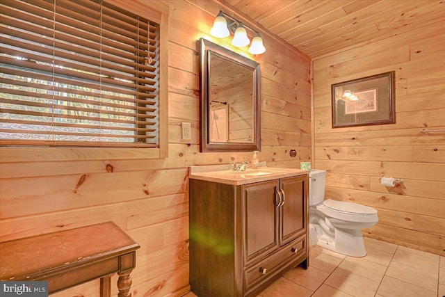 bathroom featuring tile patterned floors, wooden walls, vanity, and wooden ceiling