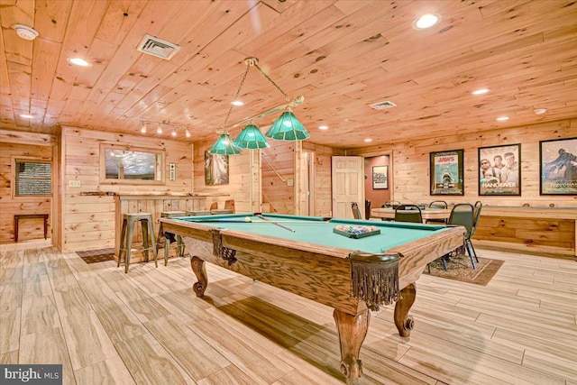 rec room with wood ceiling, wood walls, light hardwood / wood-style floors, and billiards