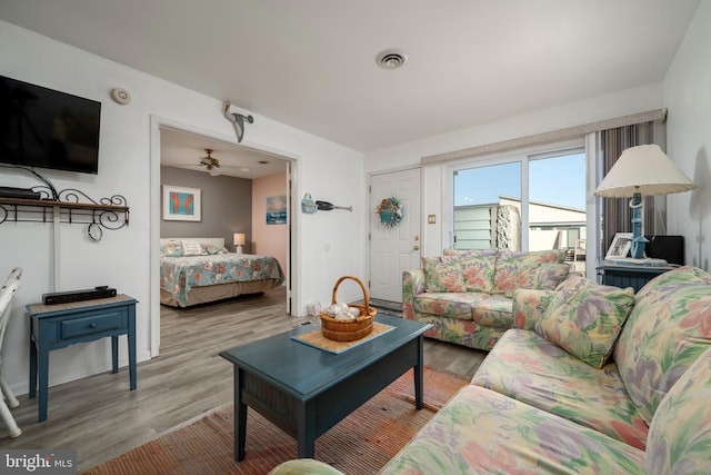 living room with ceiling fan and wood-type flooring