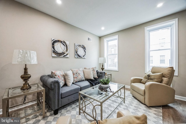 living room with plenty of natural light and light wood-type flooring