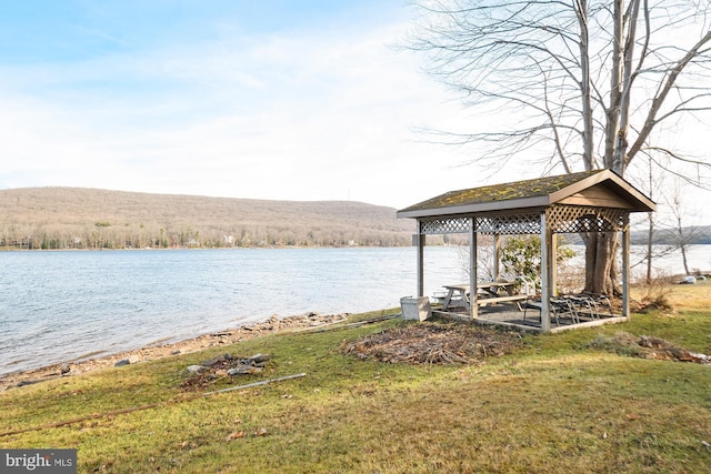 dock area with a lawn and a water and mountain view