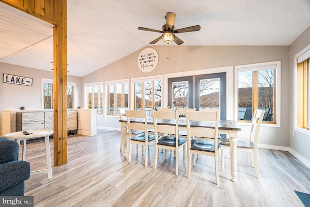 dining area featuring ceiling fan, light hardwood / wood-style flooring, and lofted ceiling