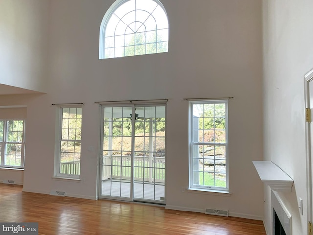 doorway to outside featuring ceiling fan, plenty of natural light, a high ceiling, and light wood-type flooring