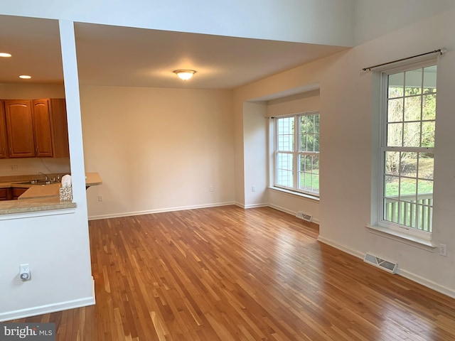 unfurnished living room featuring plenty of natural light, light hardwood / wood-style floors, and sink