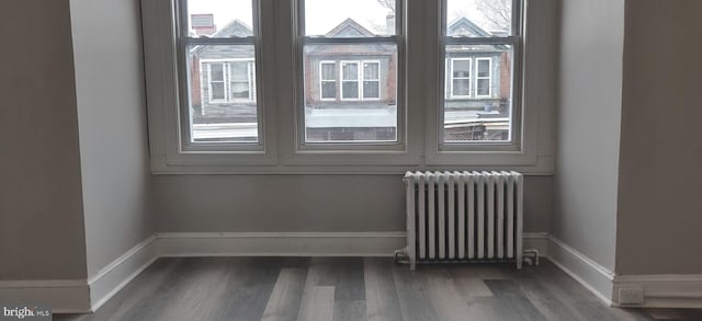 empty room with radiator heating unit, dark hardwood / wood-style floors, and a healthy amount of sunlight