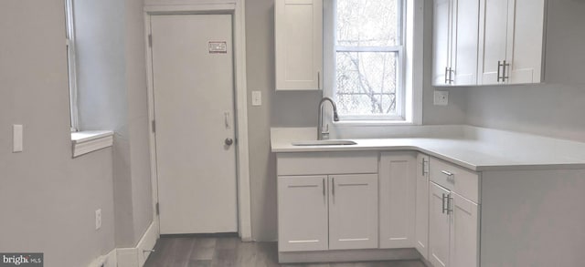 kitchen with dark hardwood / wood-style floors, white cabinetry, and sink