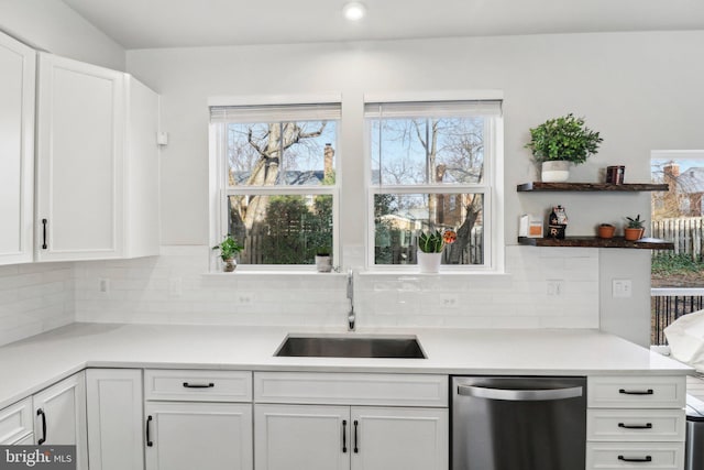 kitchen featuring white cabinetry, a wealth of natural light, dishwasher, and sink