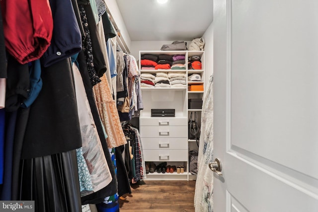 walk in closet with dark wood-type flooring