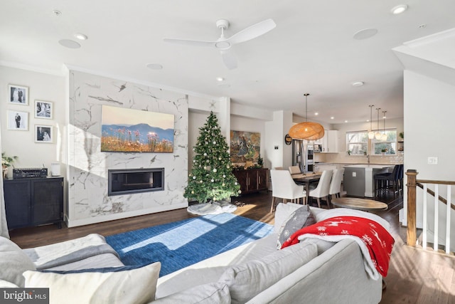 living room featuring a premium fireplace, dark hardwood / wood-style flooring, ceiling fan, and ornamental molding