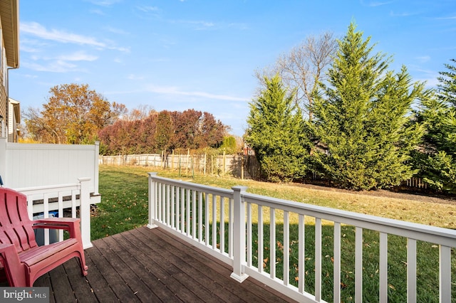 wooden terrace featuring a lawn