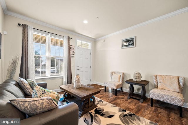 living room with dark hardwood / wood-style floors and crown molding