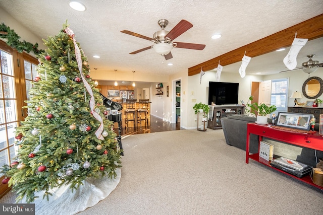 carpeted living room featuring ceiling fan and a textured ceiling