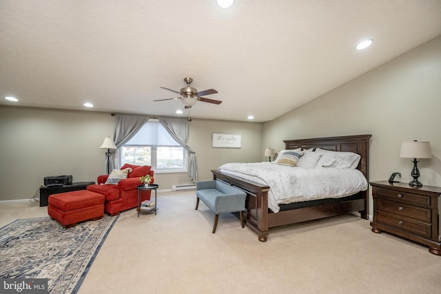 carpeted bedroom featuring a textured ceiling, ceiling fan, lofted ceiling, and baseboard heating