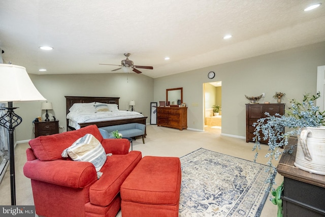 carpeted bedroom with a textured ceiling and ceiling fan