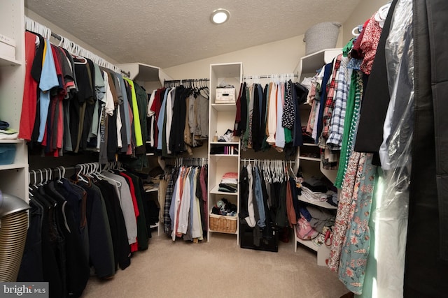 spacious closet featuring light colored carpet and lofted ceiling