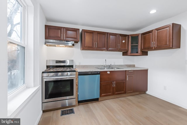 kitchen featuring stainless steel appliances, light hardwood / wood-style flooring, and sink